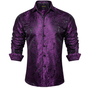 Luxury Purple Paisley Men's Long Sleeve Silk Polyester Dress Shirt Button Down Collar Social Prom Party Clothing MartLion CYC-2012 2XL 