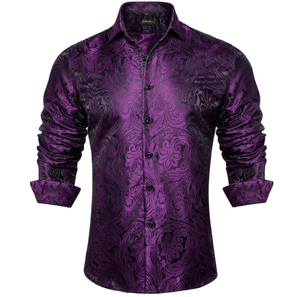  Luxury Purple Paisley Men's Long Sleeve Silk Polyester Dress Shirt Button Down Collar Social Prom Party Clothing MartLion - Mart Lion