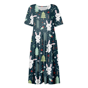 Loose Women's Dress Delicate Easter Printed Mid-Calf Dresses Round Collar Short Sleeves Frocks MartLion   
