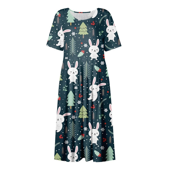  Loose Women's Dress Delicate Easter Printed Mid-Calf Dresses Round Collar Short Sleeves Frocks MartLion - Mart Lion