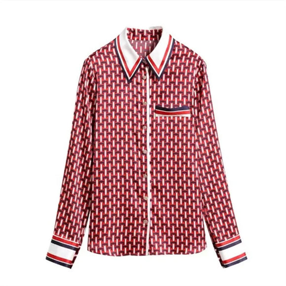 Female Red Plaid Printed Blusas Shirt Button Casual Blouse  Women's Clothing MartLion   