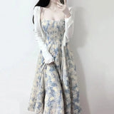 Dress Women Chic French Style Blue Oil Painting Skirt  Floral Waist-fitted Tank Frock Long Sling For Female MartLion   