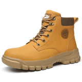 leather work shoes men's work safety boots anti scald welding safety anti puncture work with a steel toe cap MartLion 679 Yellow 37 