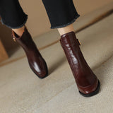 Autumn Boots Square Toe Low Heel Women Shoes Genuine Leather Retro Brown Ankle Block Retro MartLion   