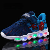Spiderman Kids LED Lighting Shoes Boy Knitted Flashing Girls Running Red Baby Mesh Sneakers MartLion Blue D 25-Insole 15.8 cm 