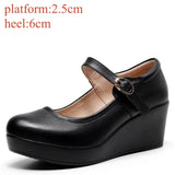 Genuine Leather Shoes Platform Wedges Mary Janes Women Spring High Heels Pumps for Office Model MartLion 6cm black buckle 42 