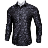 Barry Wang Luxury Black Paisley Silk Shirts Men's Long Sleeve Casual Flower Silver Shirts Designer Fit Dress MartLion CY-0004 S 