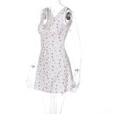 Cherry Print Straps Backless Draped Bodycon Mini Dress Summer Women frock MartLion   