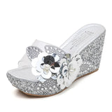 Platform Slippers Wedge Slides Women Summer Shoes Beach Sandals With Heels Pearl Flower MartLion Sliver 36 