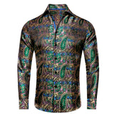 Hi-Tie Long Sleeve Silk Shirts Men's Suit Dress Outwear Slim Jacquard Wedding Floral Paisley Gold Blue Red MartLion   