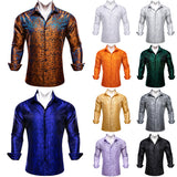 Luxury Shirts Men's Long Sleeve Silk Gold Blue White Black Red Green Purple Silver Paisley Embroidered Casual Blouses Lapel MartLion   