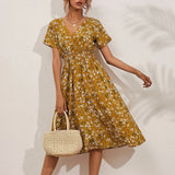 Women's Small Floral Printed Short-sleeved Dress, Summer Dresses   Women's Dress MartLion Yellow XL 