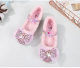  Girls' High Heels Women Treasure Crystal Shoes Winter Children's Plush Bow Frozen Princess Elsa Shoes MartLion - Mart Lion