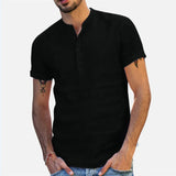 Men's Cotton Linen Shirt Summer Short Sleeved Men's Clothes Plain Shirt Tops Standing Collar Solid Color T-shirt MartLion black L 