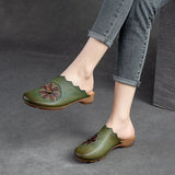 Natural Genuine Leather Ethnic Round Toe Appliques Flower Sandals Flats Summer Slippers Women Rubber Shoes MartLion   