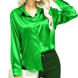 Women Shirts Silk Solid Plain Purple Green White Black Red Blue Pink Yellow Gold Blouses Long Sleeve Tops Barry Wang MartLion 569 S 
