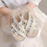 Summer Women Soft Cotton Embroidered Flat Espadrilles Slides Slippers Casual Holiday Shoes Beige MartLion   