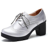 Women Pumps Shoes T High Heels Brogue High Square Heel Genuine Leather Wedge Richelieu MartLion 768-Silvery 35 