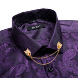 Hi-Tie Silk Men's Shirts Black Gold Long Sleeve Slim Fit Paisley Lapel Brooch Shirt Wedding Party Gift Designer MartLion   