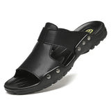 Men's Slippers Leather Slides Summer Casual Shoes Black Slipper And Sandals Slip MartLion Black 44 