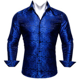 Luxury Blue Shirts Men's Solid Satin Embroidered Paisley Flower Long Sleeve Slim Fit Blouses Casual Lapel Tops Barry Wang MartLion   