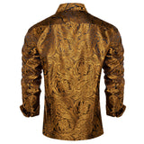 Gold Paisley Silk Shirts Men's Long Sleeve Luxury Tuxedo Wedding Party Clothing MartLion   