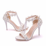 Crystal Queen Women Sandals Flowers Pearl Stilettos Bridal 9cm Evening Party High Heels Bridal Pumps Wedding Shoes MartLion   