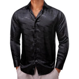 Luxury Shirts for Men's Long Sleeve Silk Satin Black Flower Slim Fit Blouses Trun Down Collar Tops Breathable Clothing MartLion 0678 S 