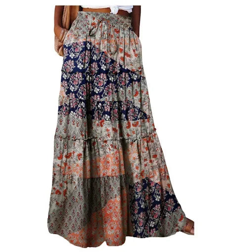 Ethnic Style Vintage Long Skirt Women Summer Loose Beach Ladies  Casual MartLion   