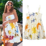 Pleated Print Slip Dress Women Sleeveless Backless Dress Ladies Mini Slash MartLion   