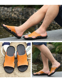 Men's Slippers Summer Genuine Leather Casual Slides Street Beach Shoes Black Cow Leather Sandals Mart Lion   