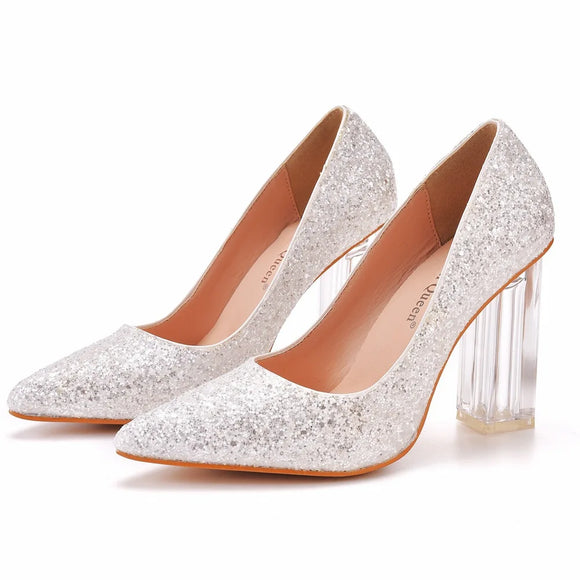 White Women Block Transparent 9 cm High Heels Lady Satin Clear Pumps Wedding Dress Silk Shoes MartLion sequin 9cm 43 