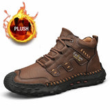 Microfiber Leather Men's Boots Outdoor Sports Non-slip High-top Hiking Shoes Optional Plush Winter MartLion Brown(plush) 38(24.0CM) 