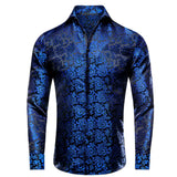 Hi-Tie Navy Royal Sky Blue Silk Men's Shirts Lapel Collar Long Sleeve Dress Shirt Jacquard Blouse Wedding MartLion ZCY-1013 S 