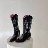 Women Boots Low Heel Shoes Cool British Embroidered Design Soft Short Party Knee High Pink Cowboy Mart Lion   