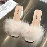 Mules Sandal Women Summer Outdoor Slippers Square Toe High Heels Office Ladies Feather Slides Chic Classics Furry Shoes MartLion   