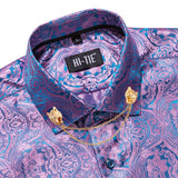 Dark Purple Men's Shirt Silk Long Sleeve Lapel Slim Fit Paisley Jacquard Shirt With Brooch Party Gift Hi-Tie MartLion CY-1029-XZ-0312 S 