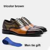 Color Block Genuine Leather Men's Formal Oxford Shoes Cap Toe Lace Up Brogue Party Elegant Gentleman Dress Shoes MartLion Tricolor brown EUR 38 