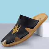Cow Split Leather Men's Slippers Dragon Embroidery Casual Water Sport Sneakers Beach Flip Flops Outdoor Office Footwear Mart Lion   