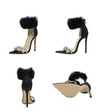 Liyke Black Fluffy Feather Sandals Women Crystal Pointed Open Toe Banquet High Heels Shoes Mart Lion   