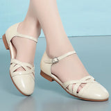 Summer women's sandals leather soft sole hollow word buckle belt hollow leather toe flat heels MartLion   