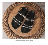 Pearl Rhinestones Flat Sandals Diamonds Flat Shoes Black Beige Crystals Beach Platform Mujer Bing Bling Mart Lion   