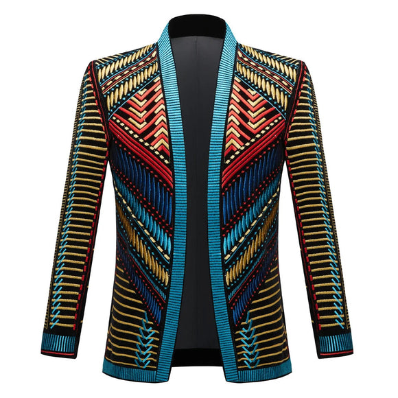 Vintage Colorful Embroidery Suit Jacket Blazer Men's Velveteen Jacket Ethnic Style Striped Singer Stage Casual Cardigan MartLion Blue US Size S 