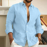 Men's Casual Shirts Linen Tops Loose and Comfortable Long Sleeve Beach Hawaiian Shirts MartLion Blue Shirt S 