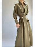 Dress Women's Summer Long Sleeve Tight Waist Long Dress Black Cover Shirt Collar Dress MartLion 016 olive green 5XL 