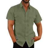 Cotton Linen Men's Short-Sleeved Shirts Summer Solid Color Stand-Up Collar Casual Beach Style Mart Lion army green M 