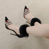 Liyke Black Fluffy Feather Sandals Women Crystal Pointed Open Toe Banquet High Heels Shoes Mart Lion   