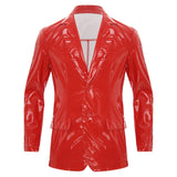 Men's Patent Leather Blazer Deep V-Neck Lapel Long Sleeve Button Motorcycle Jacket Stage Performance Hippie Coat Rave Clubwear MartLion Red M 