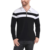 Men's Zip Long Sleeve Shirt Casual Cotton Patchwork Collared Shirt Striped Pullover Streetwear Shirt MartLion Black-2 US XXL 