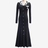 Elegant Slim Knitted Long Dress Women's Letter Single Breasted Long Sleeved MartLion black LYQ-266 S 